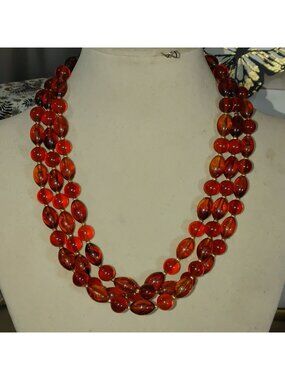 Hobe Necklace Vintage Brown Red Ambar Lucite Bead Gold Tone Accents 54 Inches
